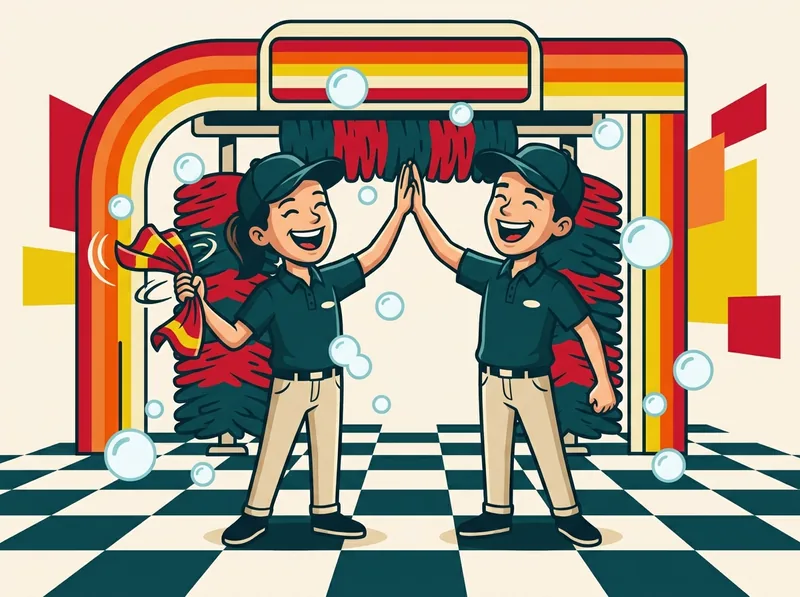 Two smiling Shine Time crew members high-fiving at the tunnel entrance