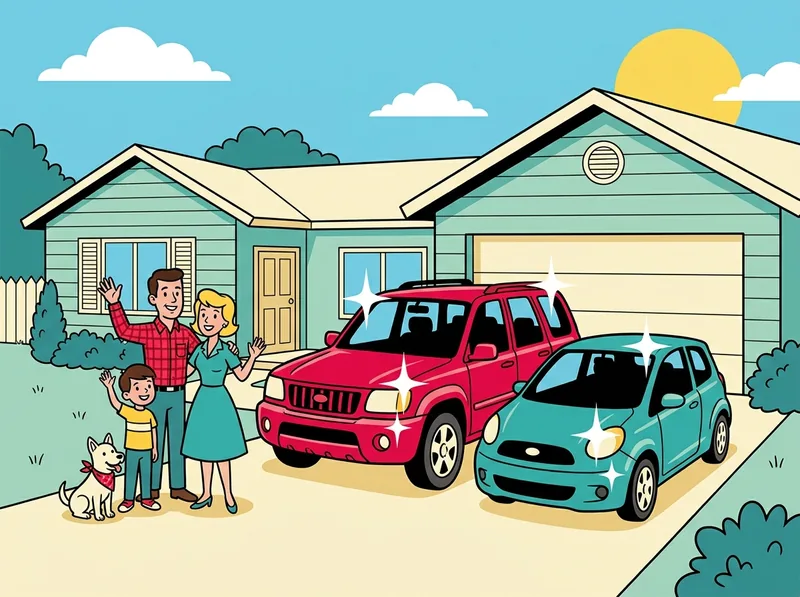 A cartoon family waving in their driveway beside two freshly washed cars