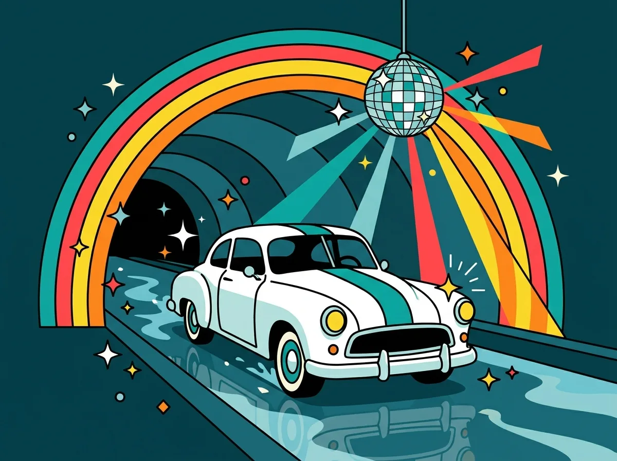 A car gliding through the tunnel's rainbow light show under a disco ball